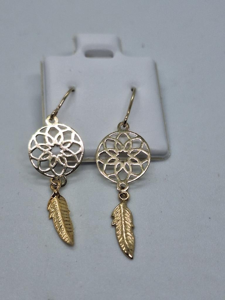 Gouden 14K Oorbellen Bloem & Veer - 585 Gekeurd, Hangers, Ophalen of Verzenden, Zo goed als nieuw, Goud