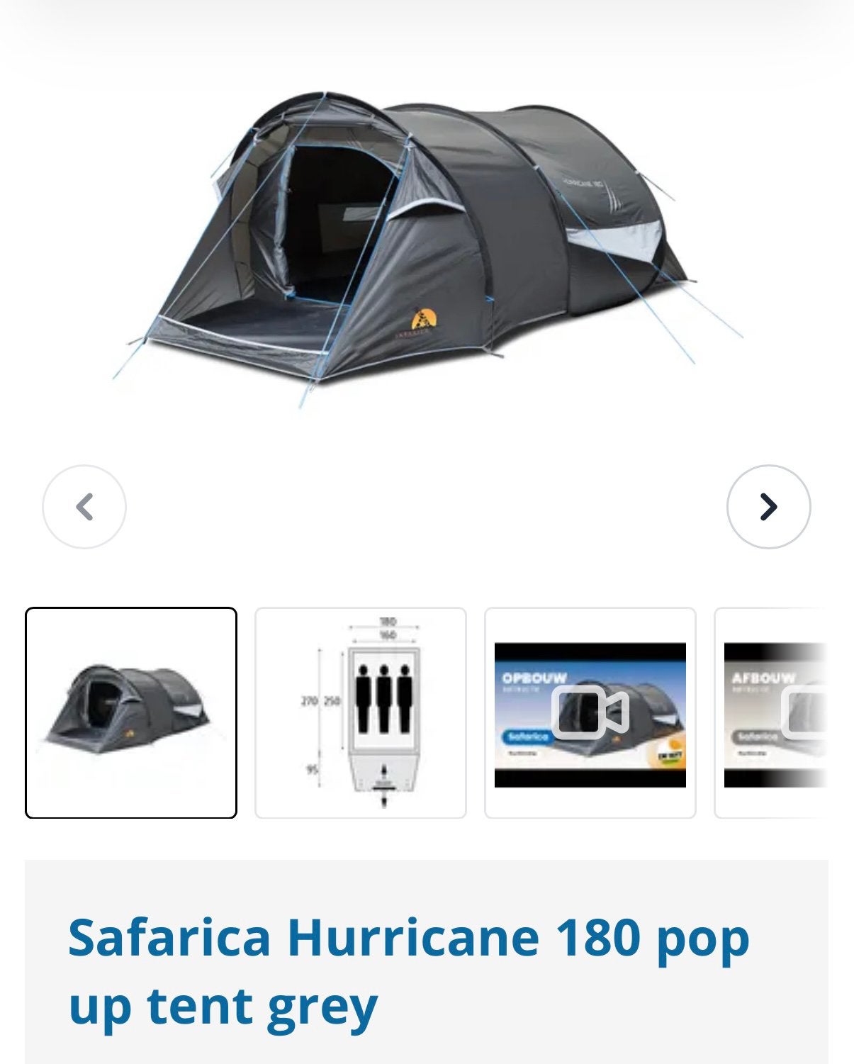 Safarica Hurricane 180 pop up tent grey, Caravans en Kamperen, Tenten, Ophalen, Zo goed als nieuw, Tot en met 2