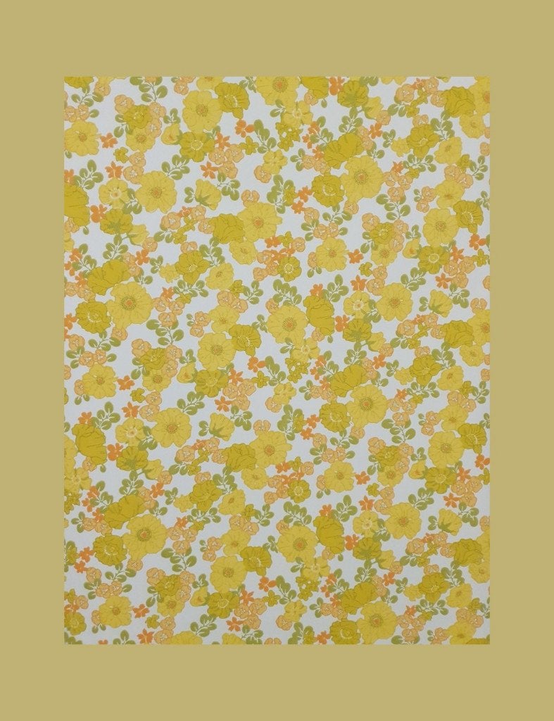4010  Vintage bloemenbehang geel oranje funky swiet  70s, Huis en Inrichting, Stoffering | Behang, Verzenden, Geel