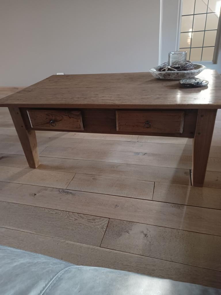 Teakhouten salontafel 2 laden, Ophalen, Gebruikt, 100 tot 150 cm, 50 tot 100 cm