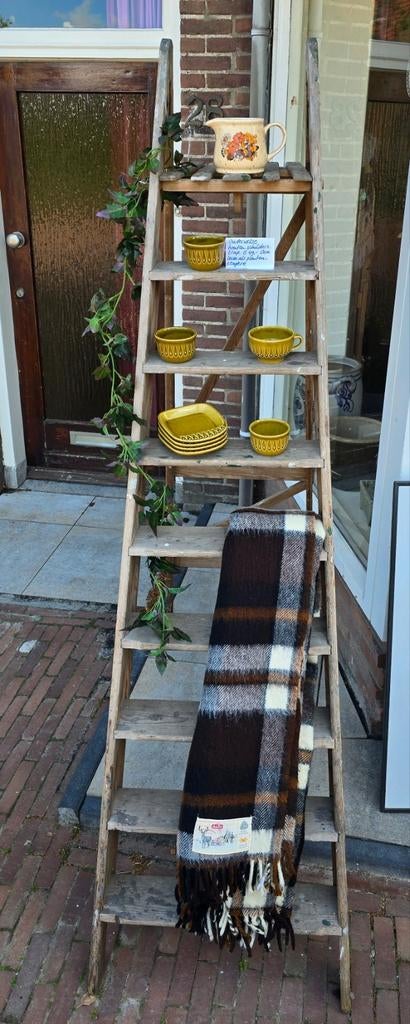 Ouderwetse houten schilderstrap ladder 9 treden, Antiek en Kunst, Ophalen