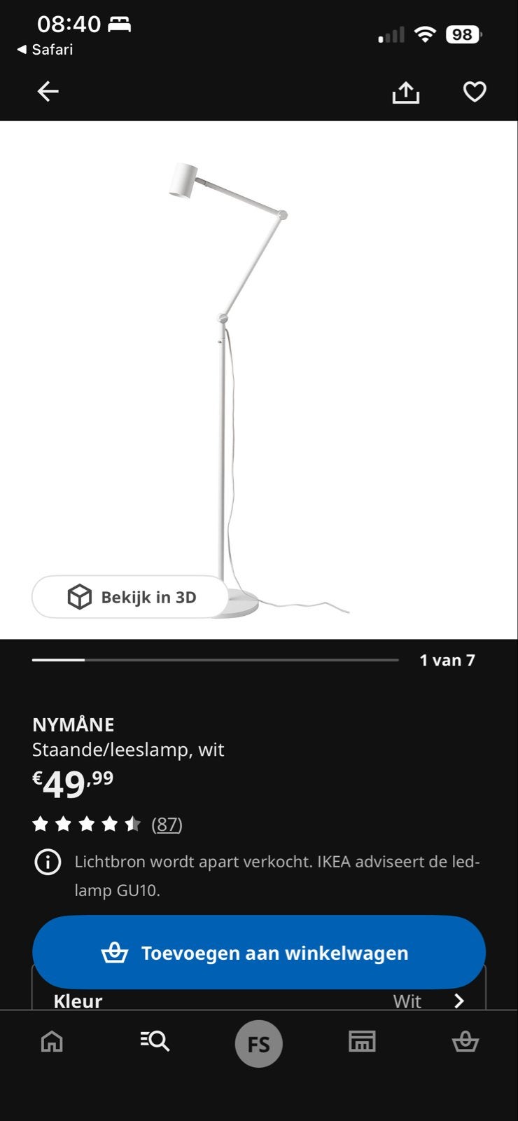 Ikea Nymåne staande/leeslamp wit, zo goed als nieuw inc lamp, Ophalen, Zo goed als nieuw, Metaal, 100 tot 150 cm