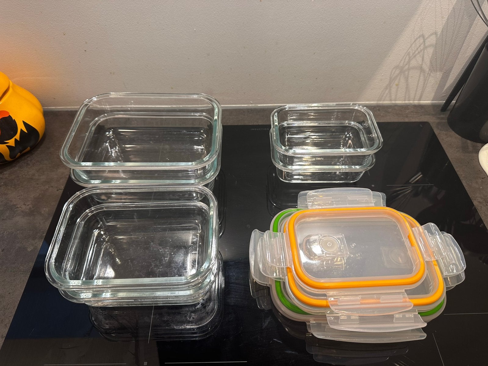 Glazen voorraad bakjes + plastic deksels (mist 1 kleine), Ophalen of Verzenden, Zo goed als nieuw