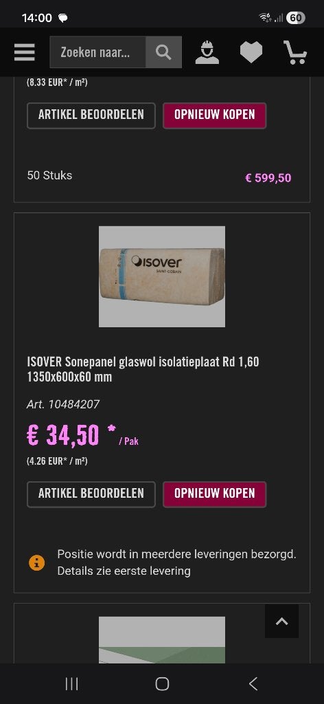glaswol isolatie, Doe-het-zelf en Verbouw, Isolatie en Afdichting, Ophalen, 4 tot 8 cm, Nieuw, 15 m² of meer