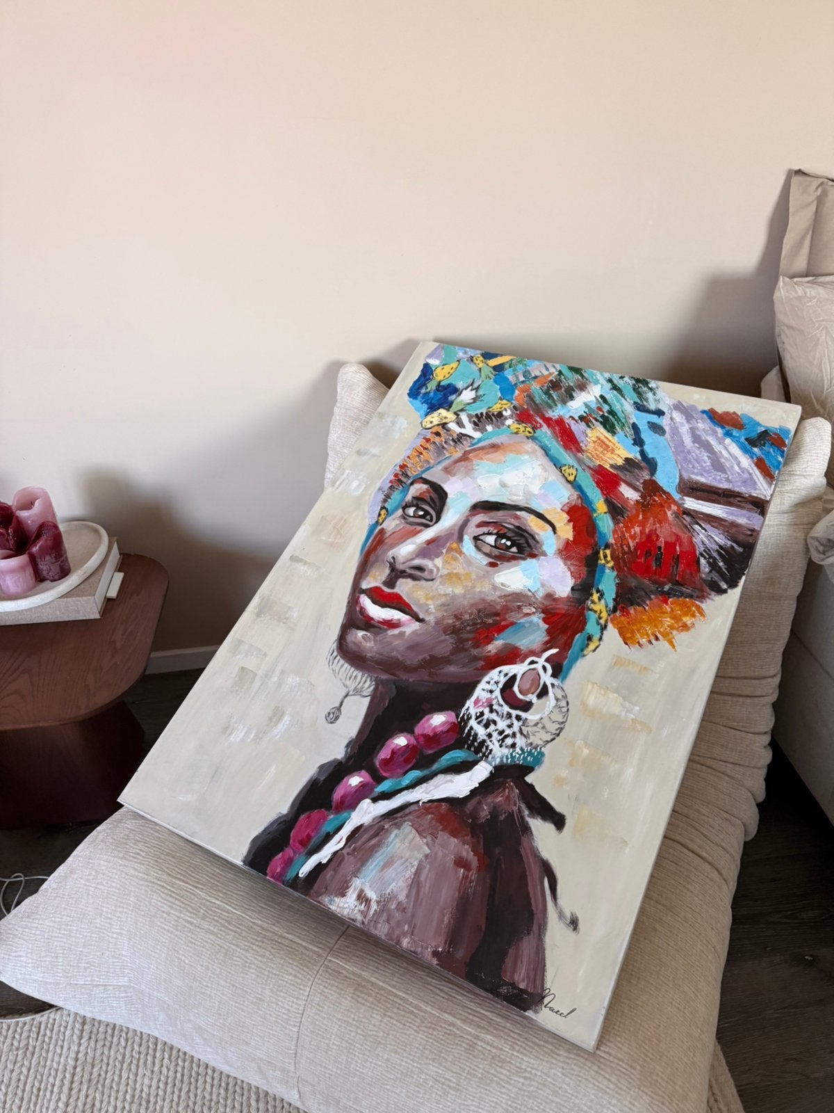 Handgeschilderd schilderij vrouw 90x120 cm kleurrijk, Ophalen