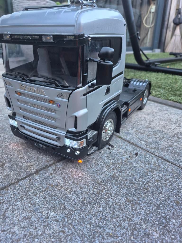 Tamiya Scania R470 RTR met geluid, licht en kipper trailer, Elektro, Gebruikt, Schaal 1:14, Ophalen of Verzenden