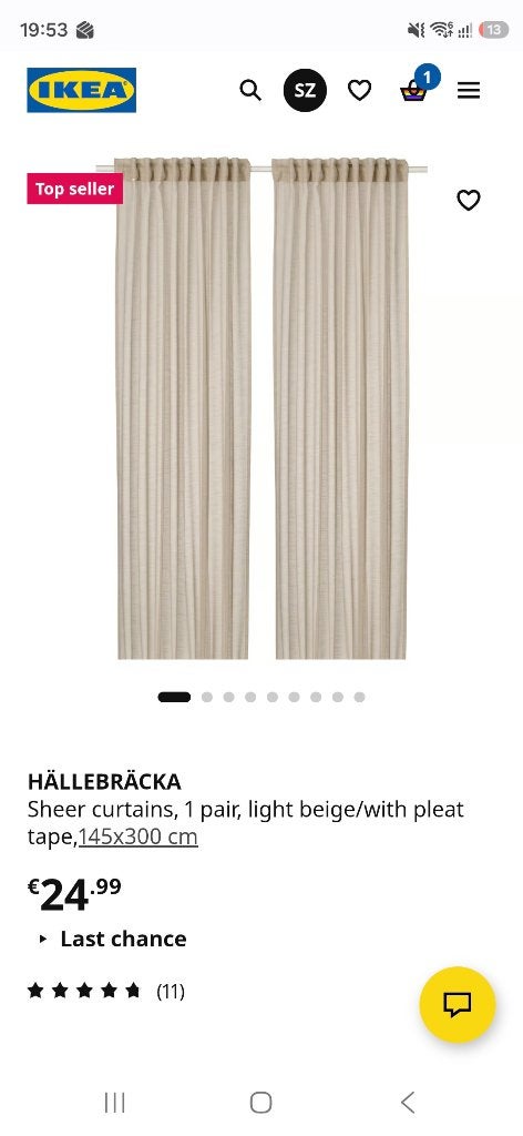 IKEA HÄLLEBRÄCKA Vitragegordijnen, licht beige, 145x300 cm, Ophalen, Vitrage, 300 cm, Beige