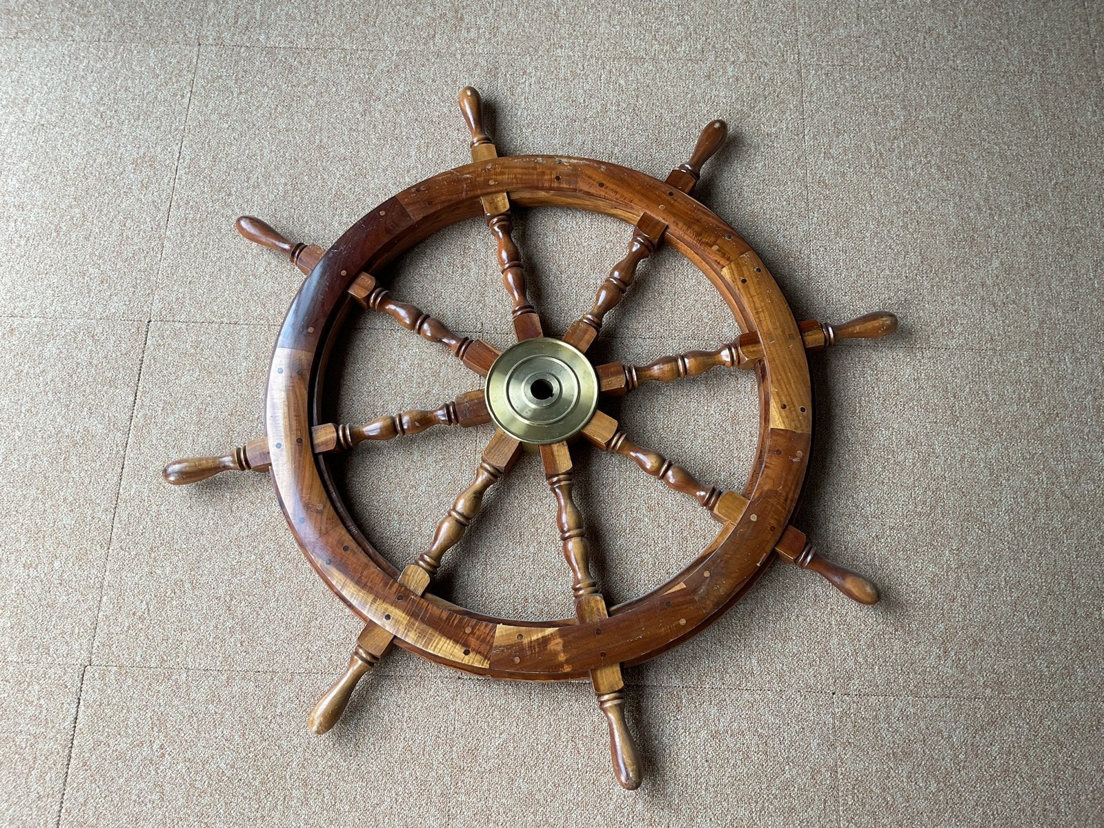 Decoratief scheepsstuutwiel van hout en messing, Ophalen of Verzenden, Gebruikt