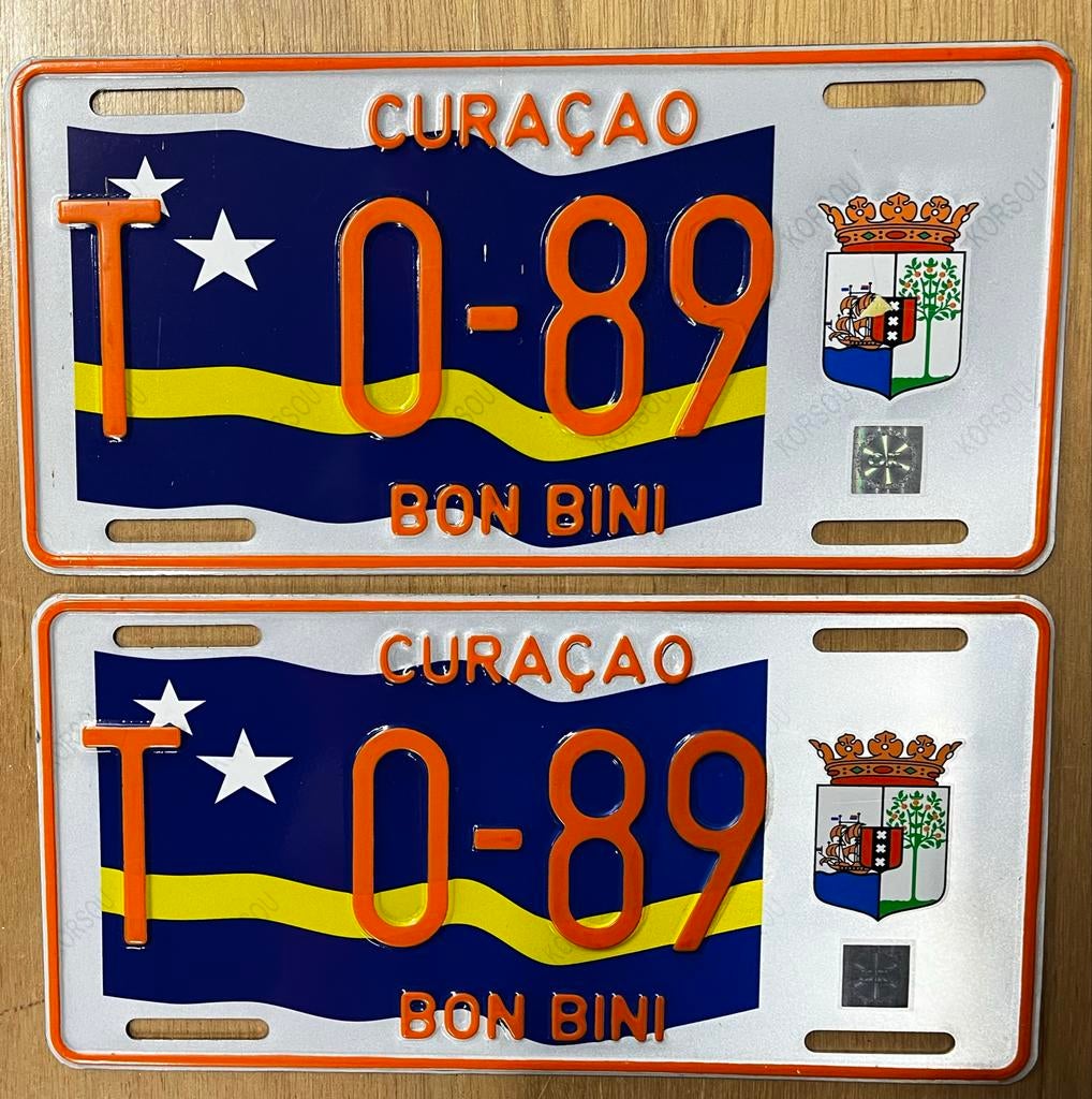 Curaçao Kentekenplaat T 0-89 - Set van 2, Ophalen of Verzenden, Gebruikt, Auto's