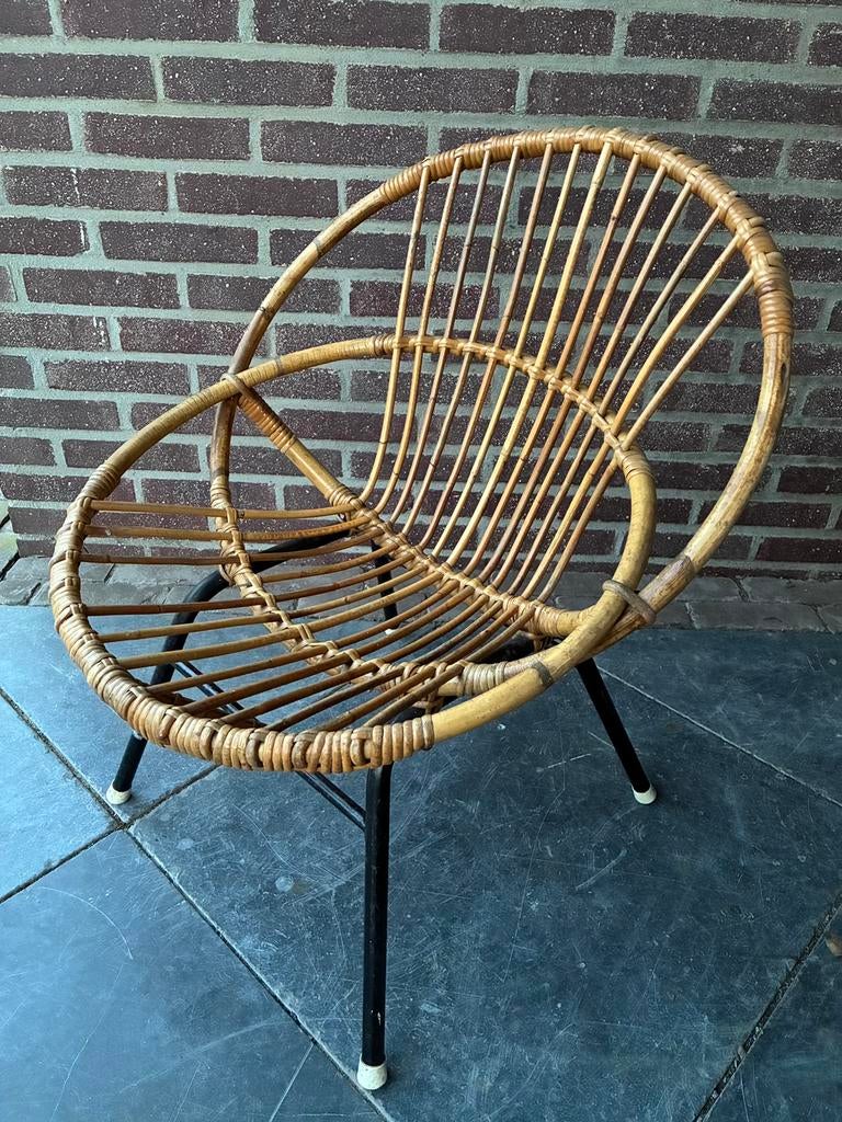 Vintage rotan fauteuil kinderstoel kuipstoeltje jaren 60, Ophalen, Gebruikt, Bruin, Vintage