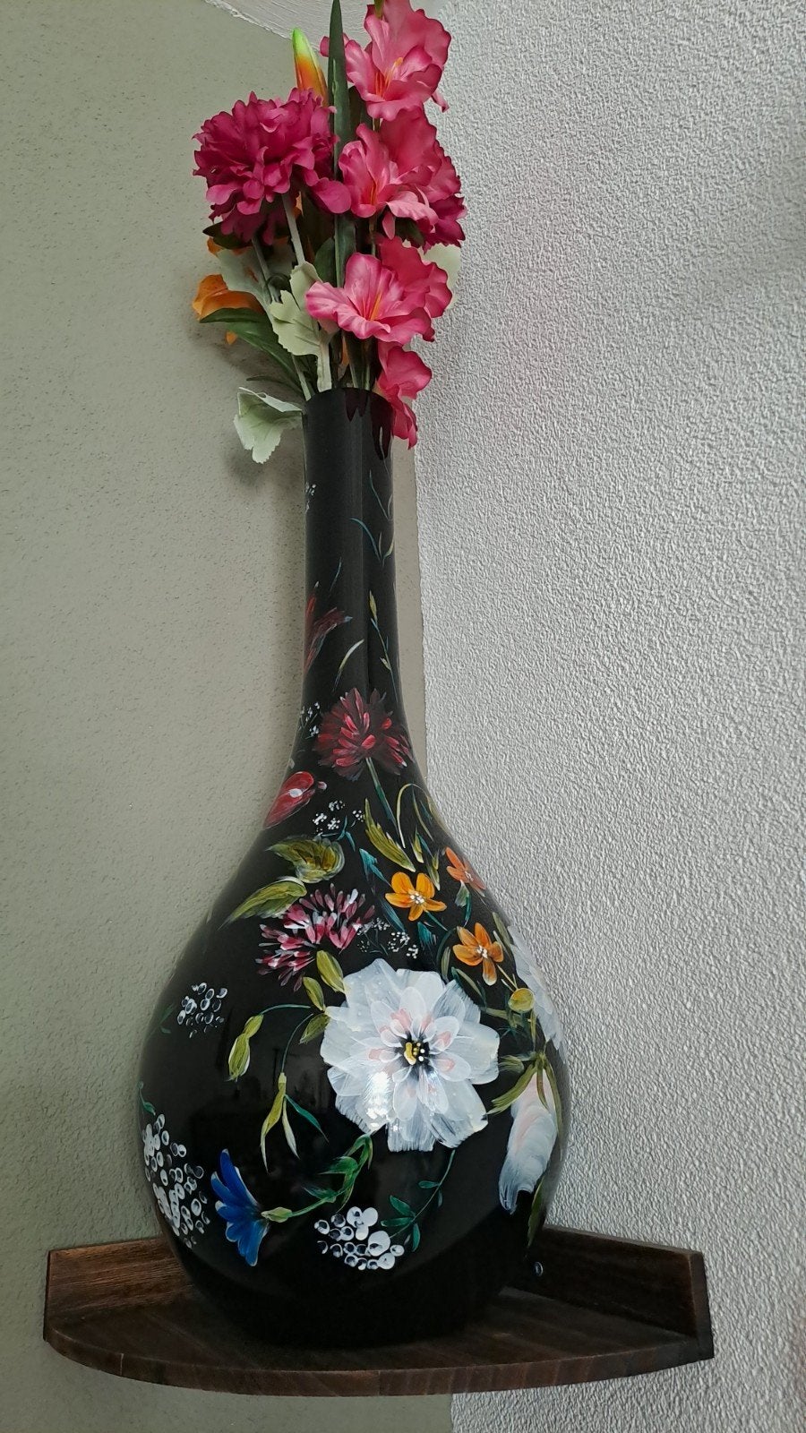 Prachtige Fidrio Royal Flowers Flesvaas handbeschilderd 60cm, Huis en Inrichting, Ophalen, Overige materialen, Zwart, Zo goed als nieuw
