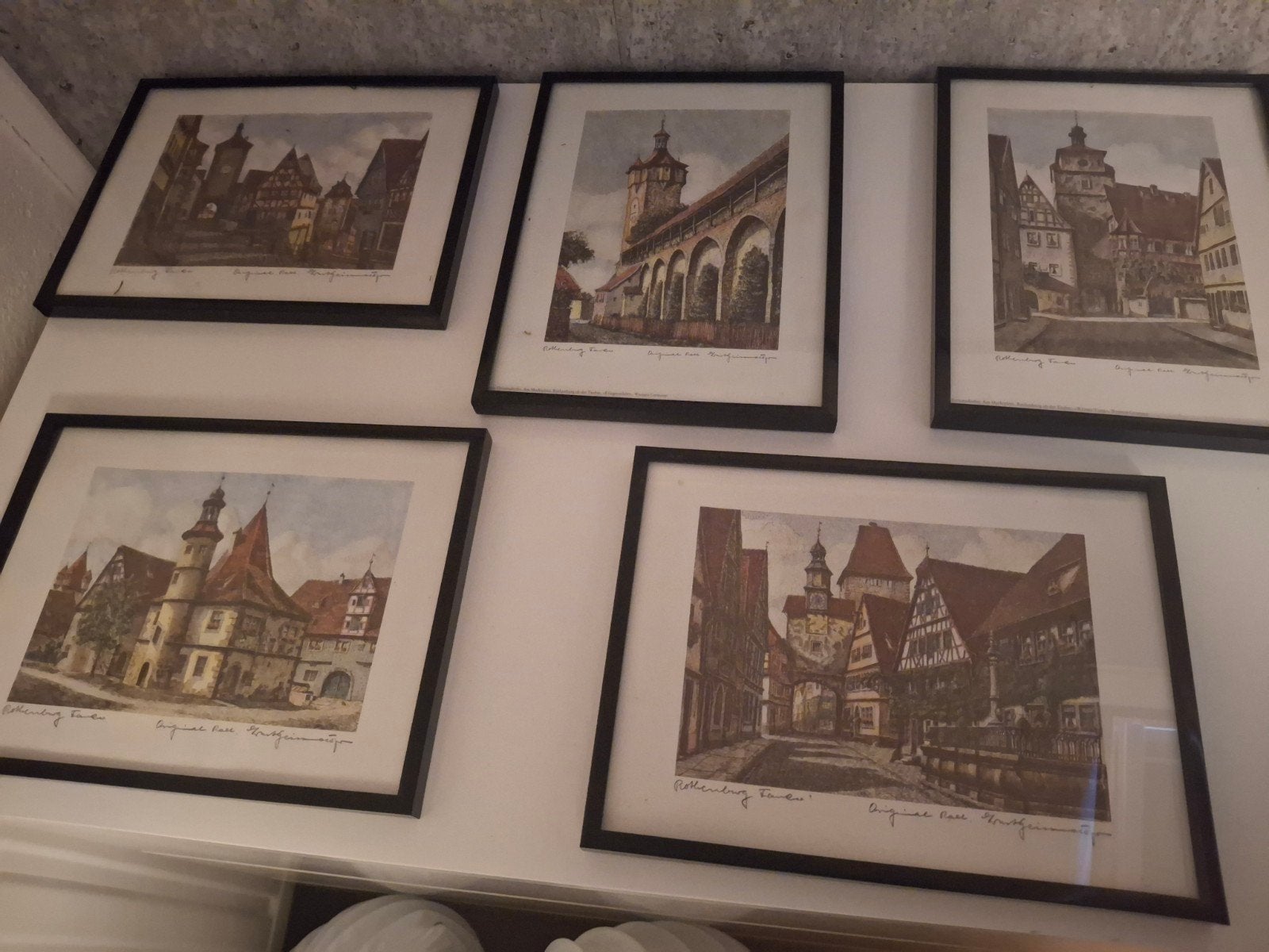 Set van 5 originele etsen van Rothenburg ob der Tauber, Antiek en Kunst, Ophalen, Ets, Stadsgezicht, Ingelijst