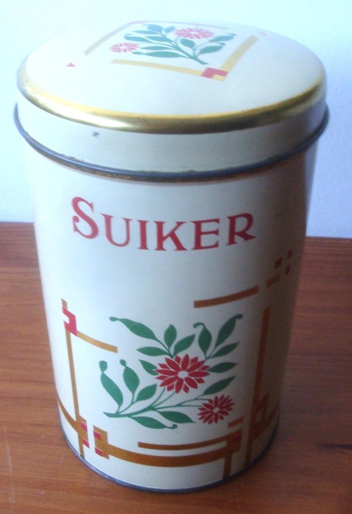 Retro blik bus opschrift Suiker, gestileerde bloemen, gouden, Ophalen of Verzenden, Zo goed als nieuw, Suiker, Overige merken