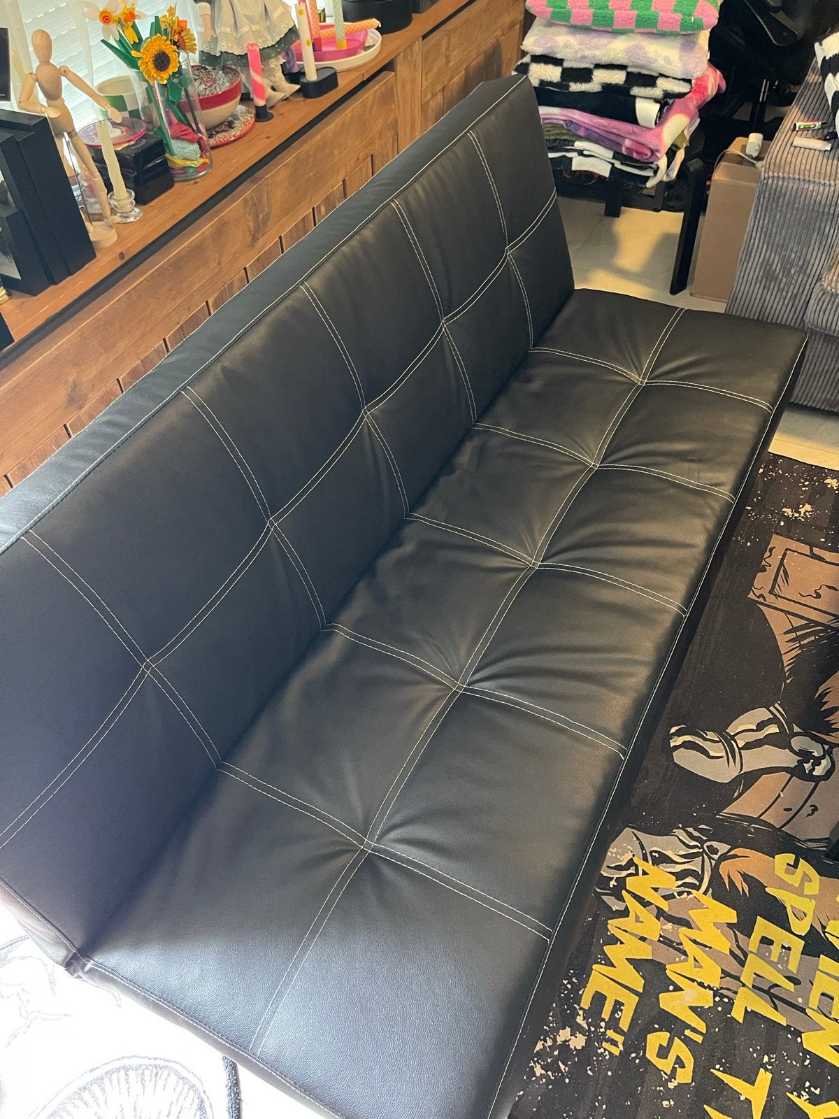 Zwarte slaapbank/futon, zo goed als nieuw, Ophalen, 100 tot 125 cm, 150 tot 200 cm, Tweepersoons