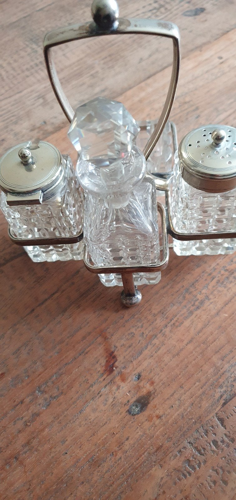 Zout  mosterd en olie azijn setje kristallen, Antiek en Kunst, Antiek | Goud en Zilver, Ophalen of Verzenden