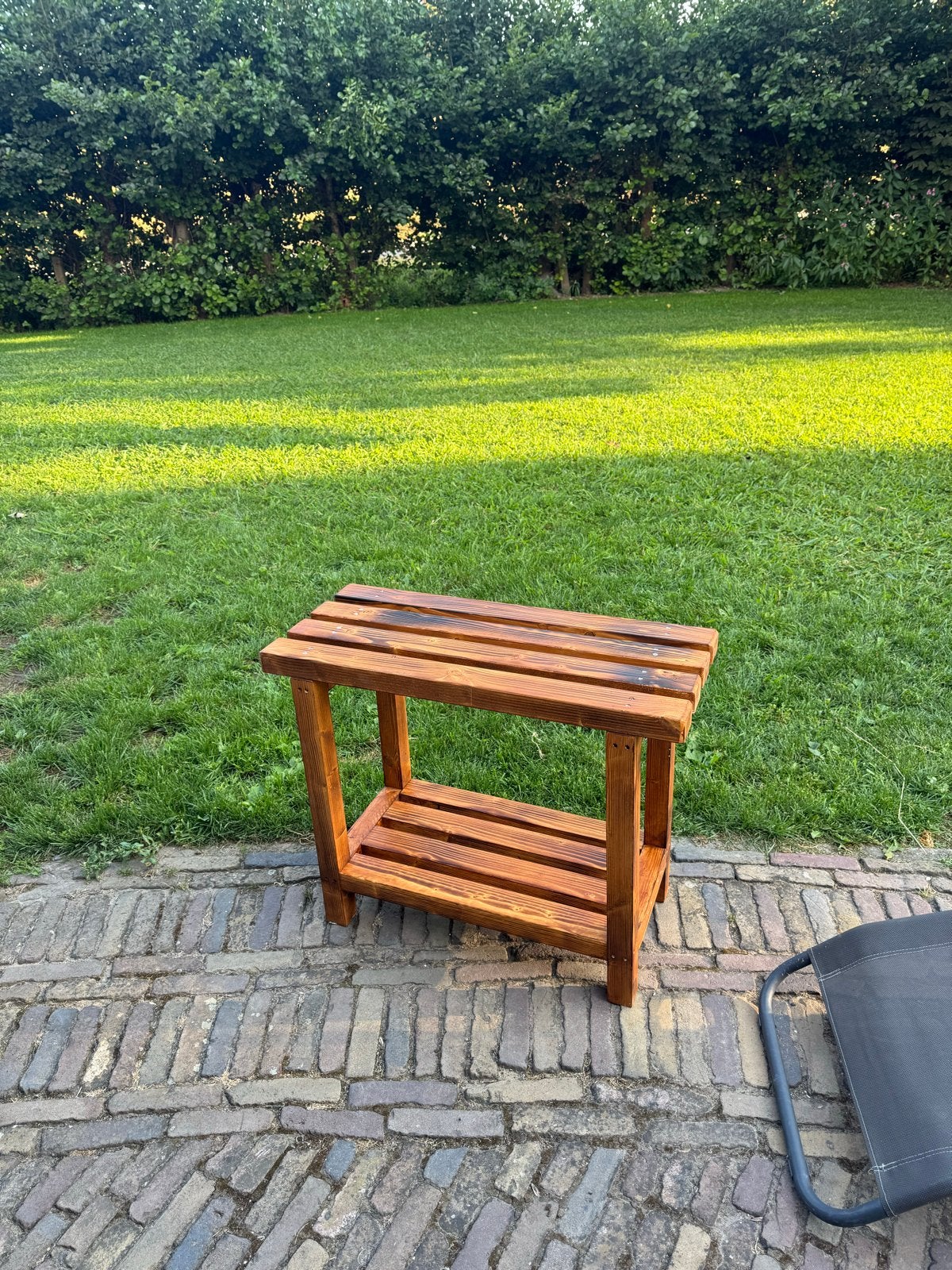 Handgemaakt houten plantentafeltje/bijzettafel - Gebrand, Ophalen, Zo goed als nieuw, Rechthoekig, Hout