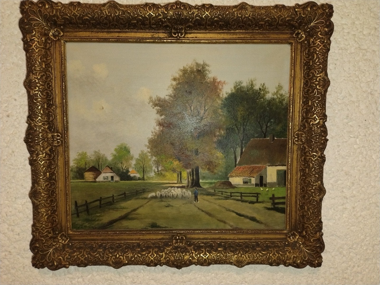 Olieverfschilderij Landschap met schapen en herder, Ophalen, Ingelijst, Landschap