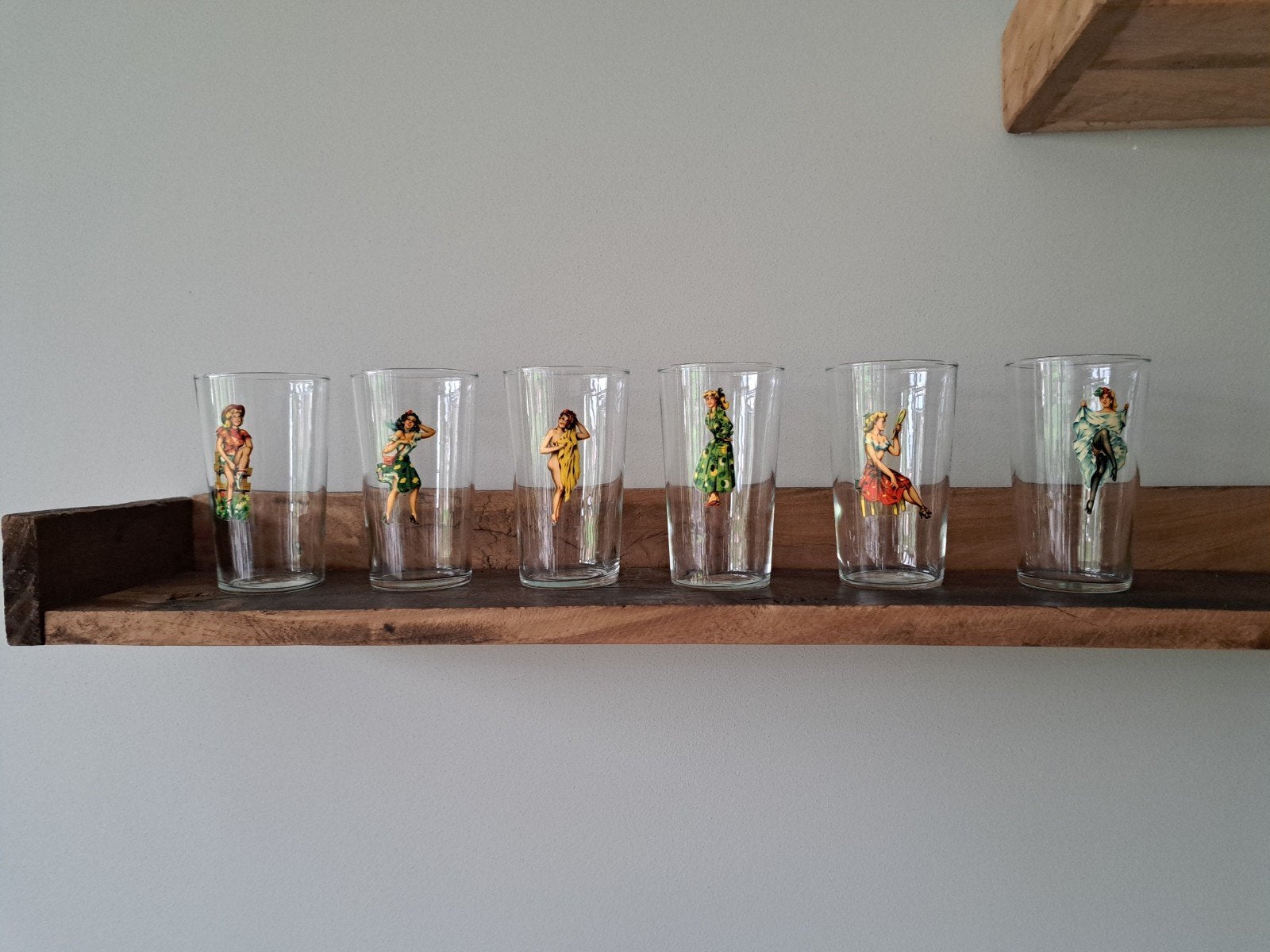Set van 6 Retro Pin-up Glazen - 12cm hoog, 7cm diameter, Ophalen of Verzenden