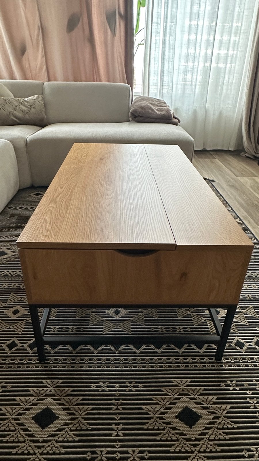 Salon- en eettafel set; warm eiken, Ophalen, Zo goed als nieuw, Rechthoekig, 50 tot 100 cm