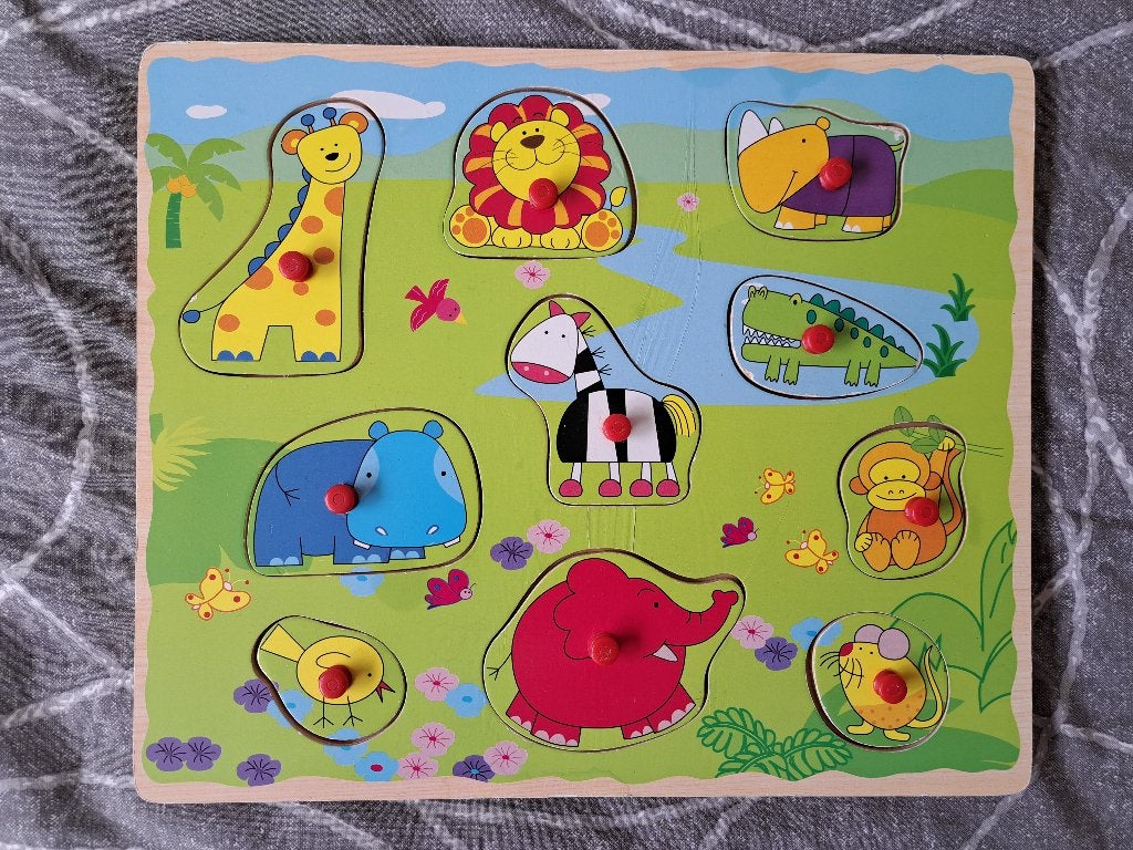 Houten puzzel dierentuin: olifant, giraf, zebra, aap, vogel, Gebruikt, 10 tot 50 stukjes, Ophalen of Verzenden, Van hout