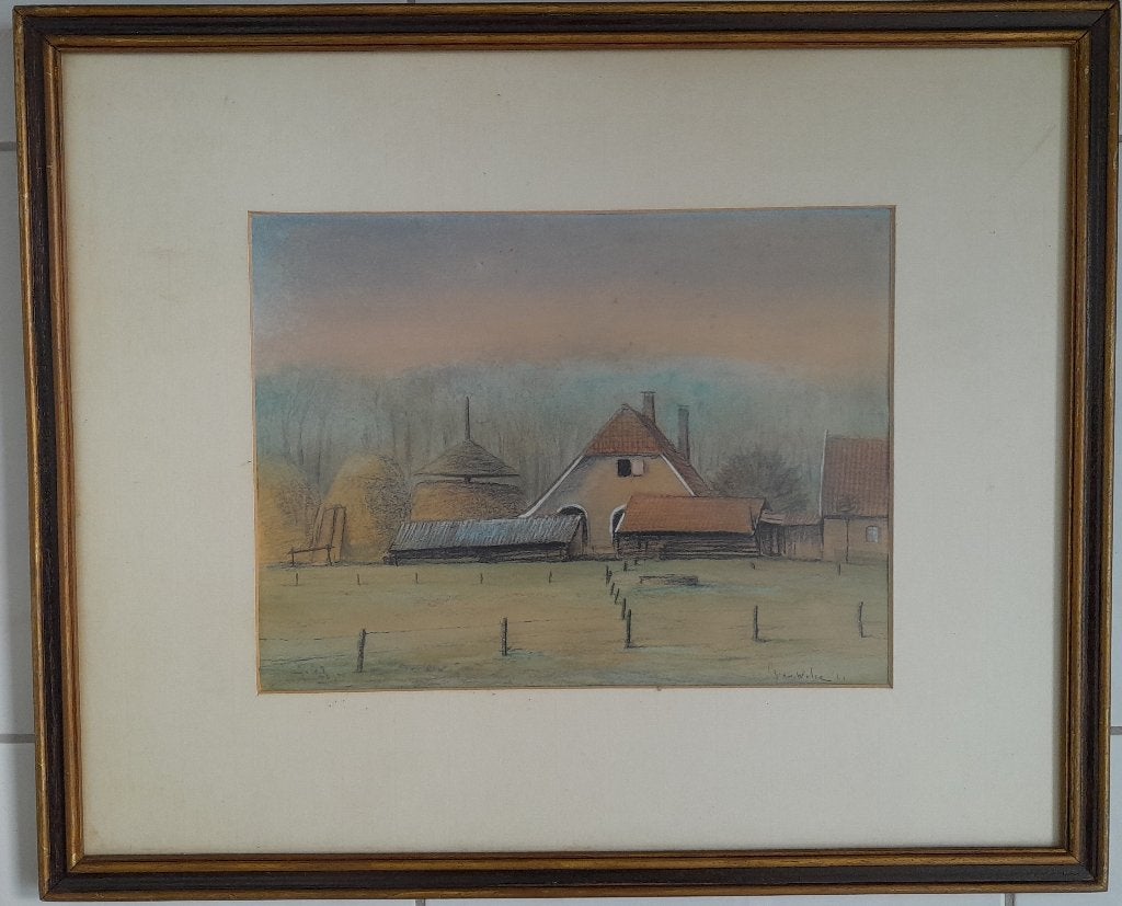 Boerderij met drie hooimijten. Aquarel schilderij, Ophalen, Gebruikt, Oorspronkelijke maker, Schilderij