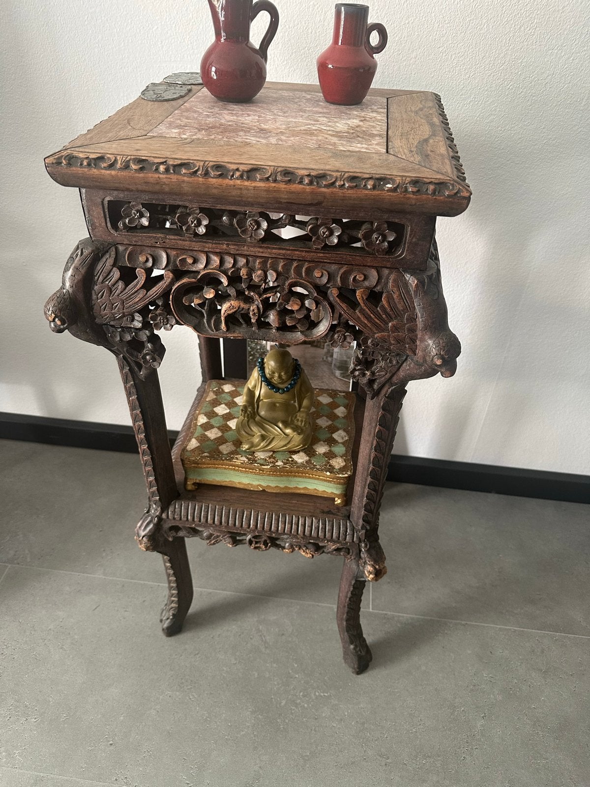 Antieke Chinese planten tafel Houtsnijwerk, Ophalen, Minder dan 55 cm, Gebruikt, Vierkant