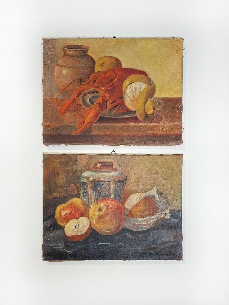 Twee kleine stillevens in olieverf, begin 20e eeuw, Antiek en Kunst, Kunst | Schilderijen | Klassiek, Doek, Stilleven, Impressionistisch