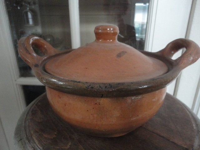 antieke FRANSE OKERGELE SCHAAL + DEKSEL / PAN, bijzonder, Ophalen of Verzenden