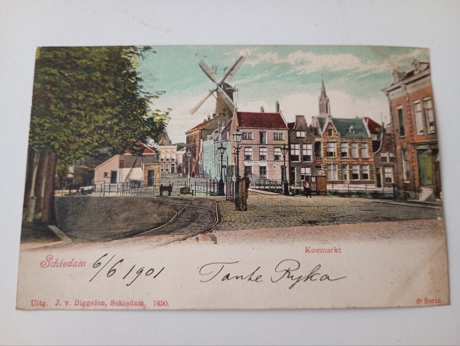 Schiedam Koemarkt en Molen 1901, Ophalen of Verzenden, Voor 1920, Gelopen, Zuid-Holland