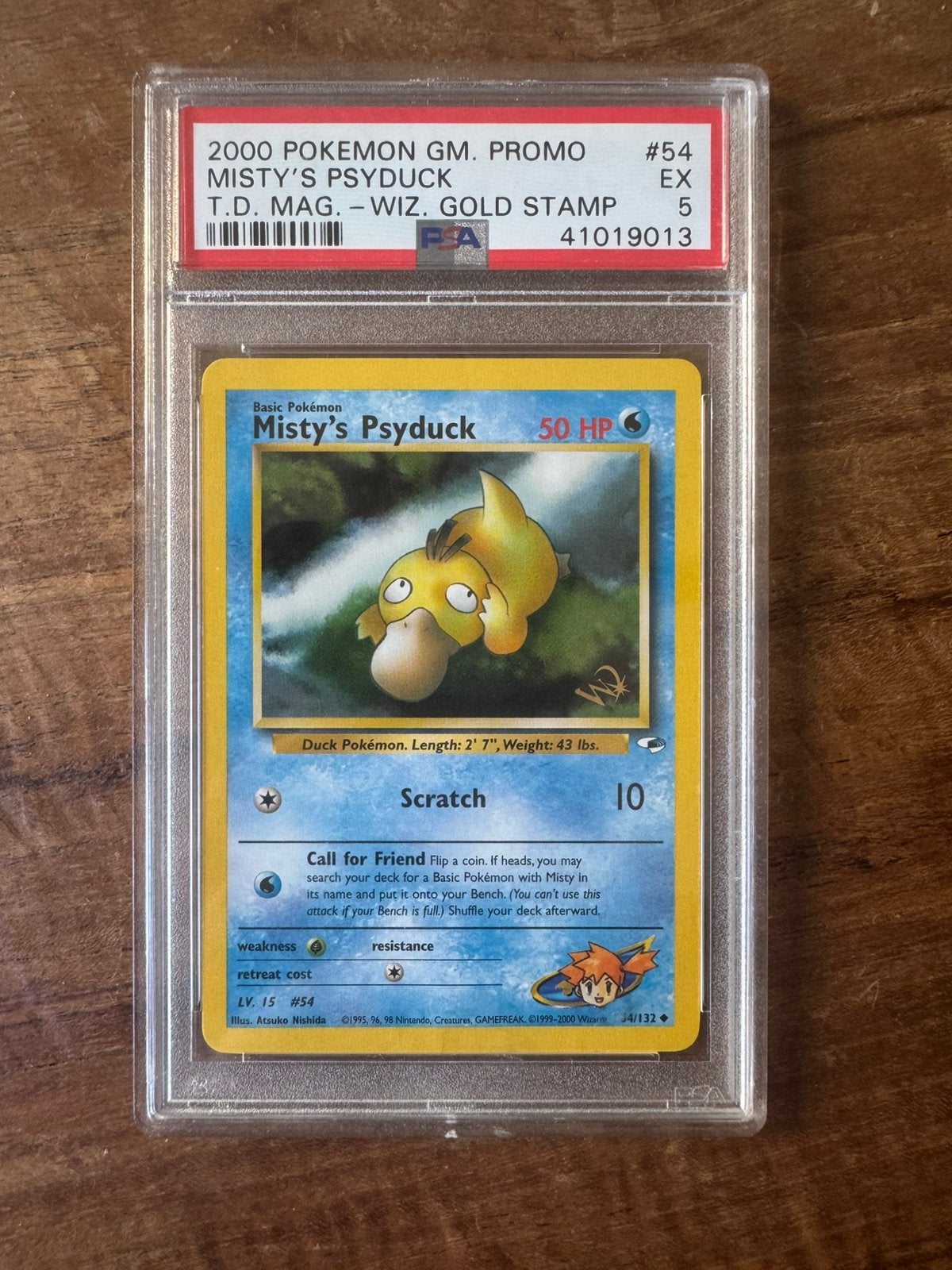 Pokémon Misty’s Psyduck Gold W Stamp PSA 5 - Magazine #54, Hobby en Vrije tijd, Verzamelkaartspellen | Pokémon, Ophalen of Verzenden