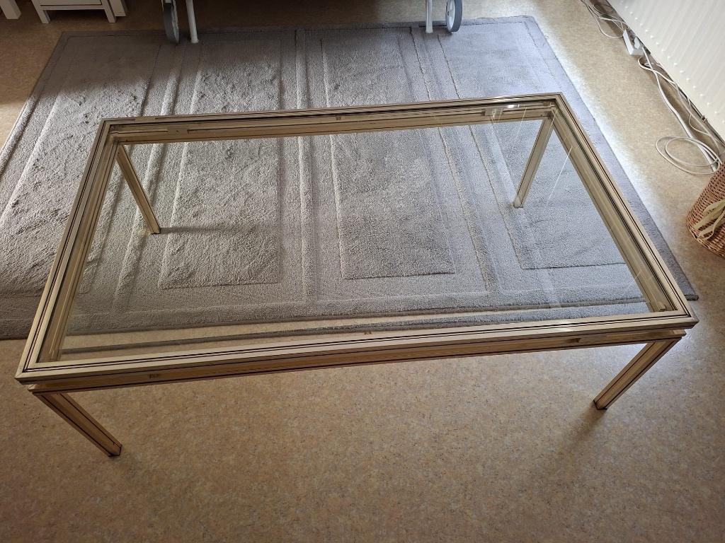 Piěrre Vandel messing salon tafel, Ophalen, 100 tot 150 cm, 50 tot 100 cm, Glas