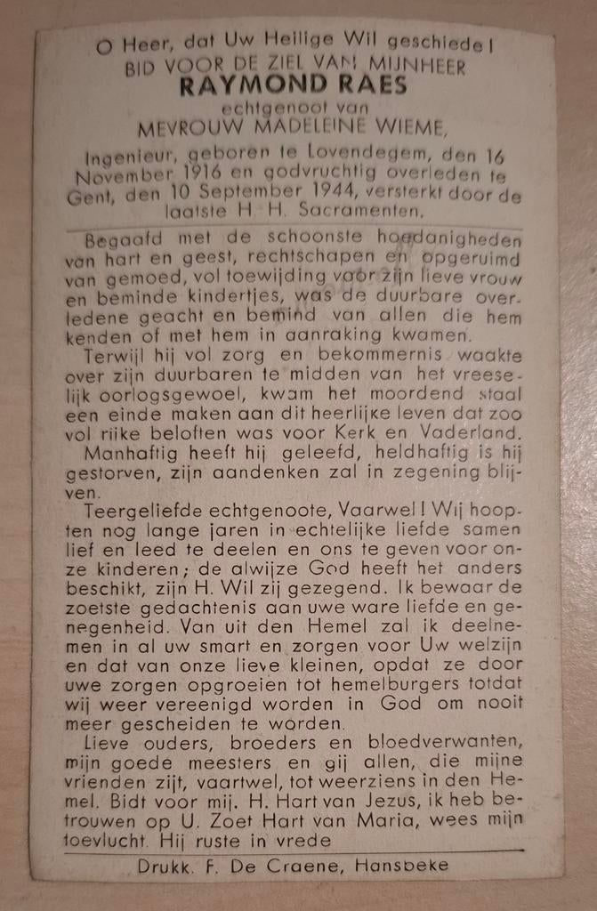 Bidprentje 2e wereldoorlog, België, Lovendegem, Gent, Ophalen of Verzenden
