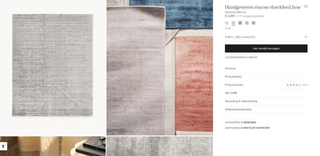6 x Westwing jane viscose vloerkleed 4 x 5 m normaal € 2299, Ophalen