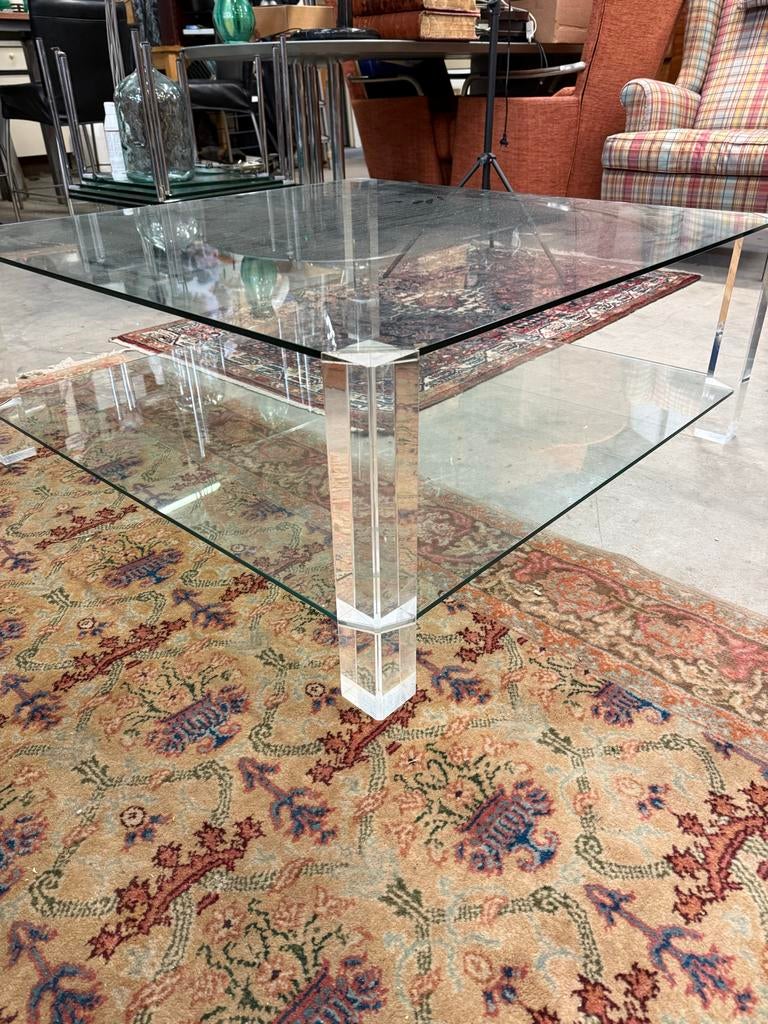 Raventos design glazen tafel kunststof poten, Huis en Inrichting, ., Vierkant, Tot twee personen, Ophalen of Verzenden