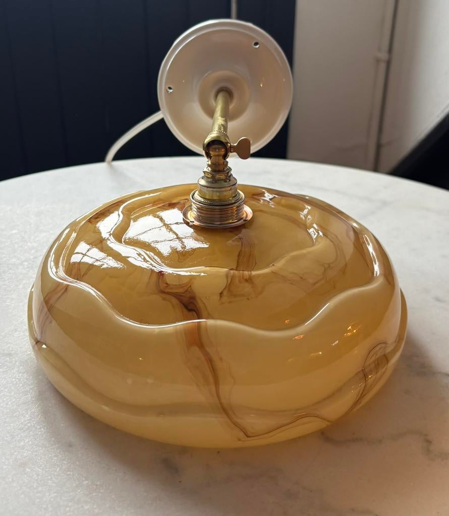 Vintage geel oud Frans opaline glazen wandlamp lampenkap, Ophalen of Verzenden, Glas