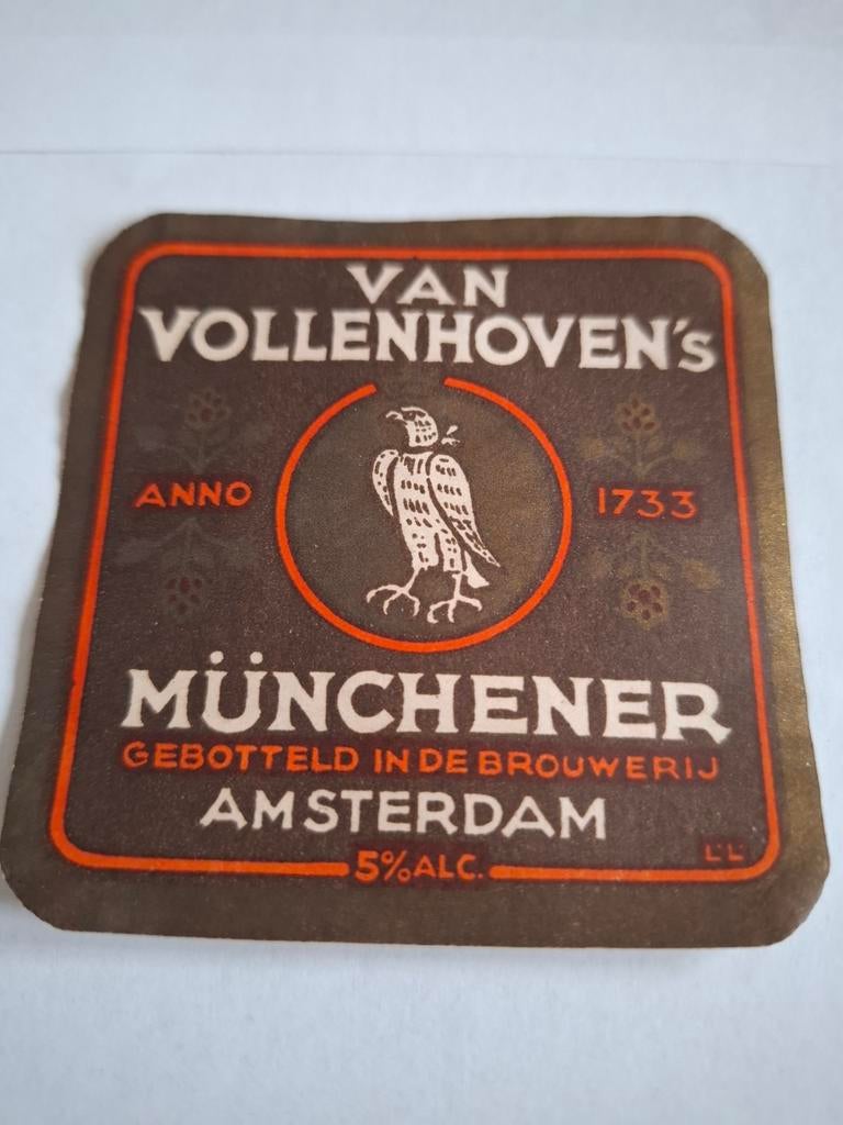 Etiket bierbrouwerij van Vollenhoven münchener, Verzamelen, Biermerken, Ophalen of Verzenden, Gebruikt, Viltje(s)