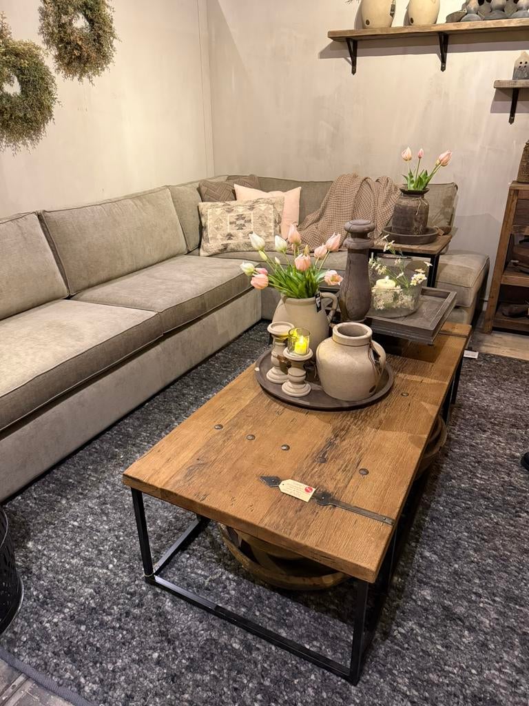 Stoere salontafel "Reno" op stalen frame naturel, Ophalen, Zo goed als nieuw, Rechthoekig, 50 tot 100 cm