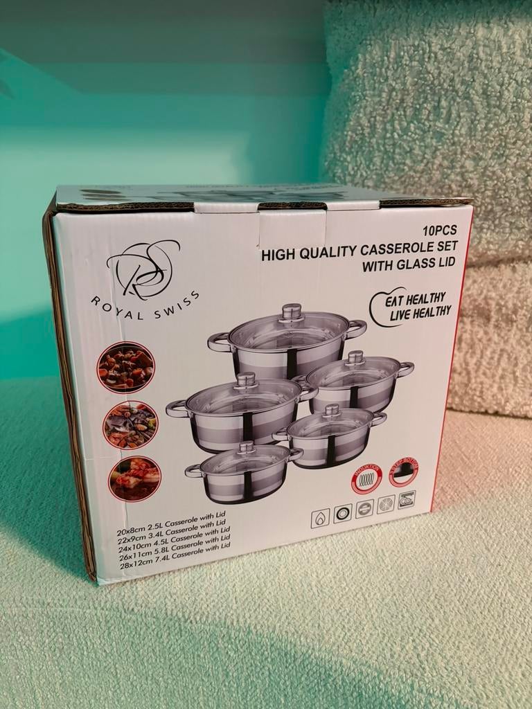 Pannenset 10 delig NIEUW IN DOOS laag model op voorraad, Huis en Inrichting, Keuken | Potten en Pannen, Ophalen, Nieuw, Pannenset