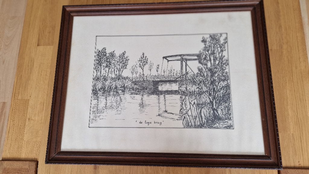 oude tekening ets de lage brug, Ophalen of Verzenden