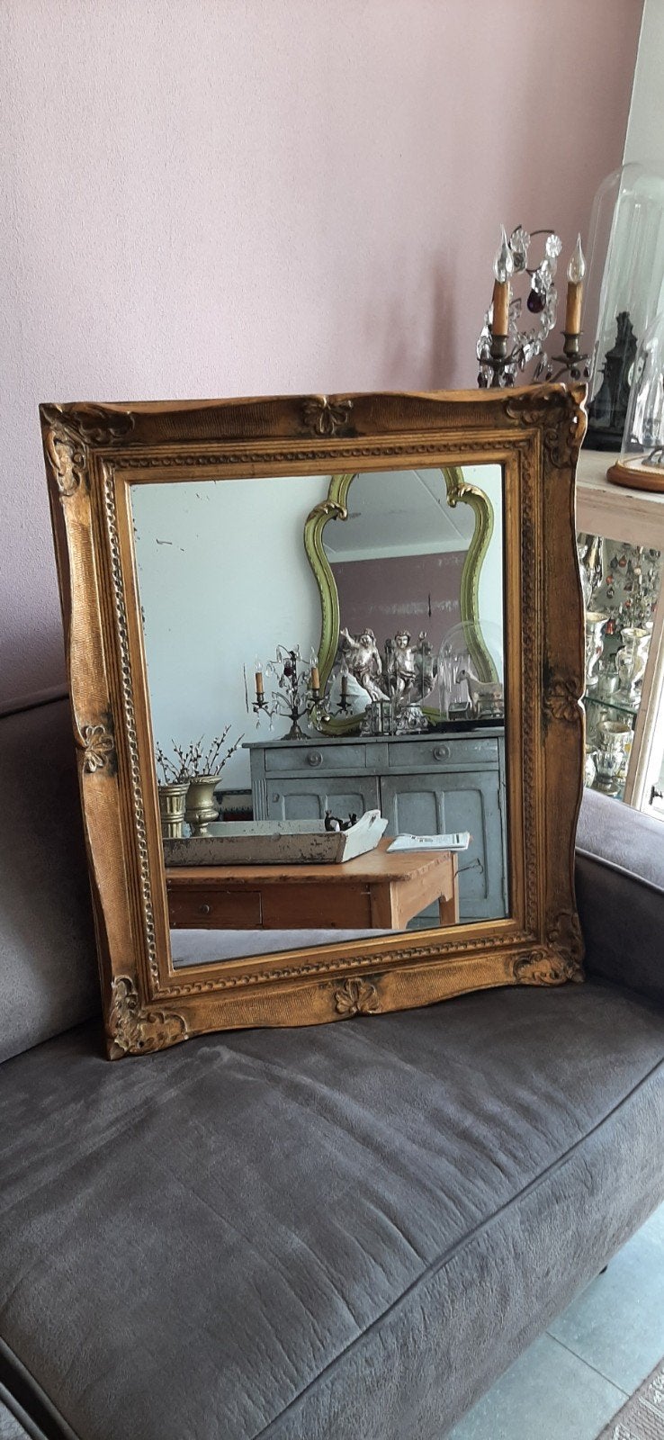 OUD  ...   GROOT ,,,  BLADGOUD LIJST  + VERWEERD SPIEGELGLAS, Ophalen, Rechthoekig
