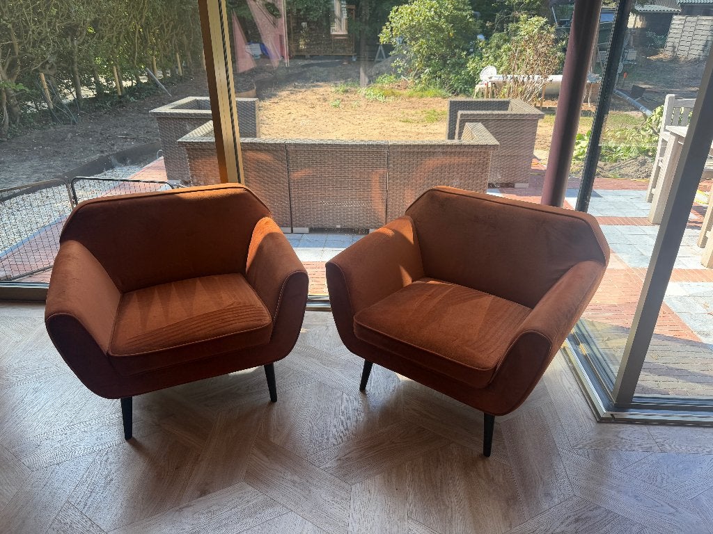 Oranje, brons of koper fluwelen bank en fauteuils - Set, Huis en Inrichting, Stoelen, Ophalen, Gebruikt, Twee, Overige kleuren