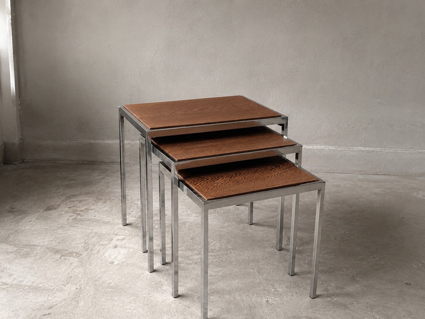 Mid-century mimiset jaren 60/70 – wengé & chroom – 3 tafels, Ophalen, Minder dan 45 cm, Minder dan 55 cm, Gebruikt