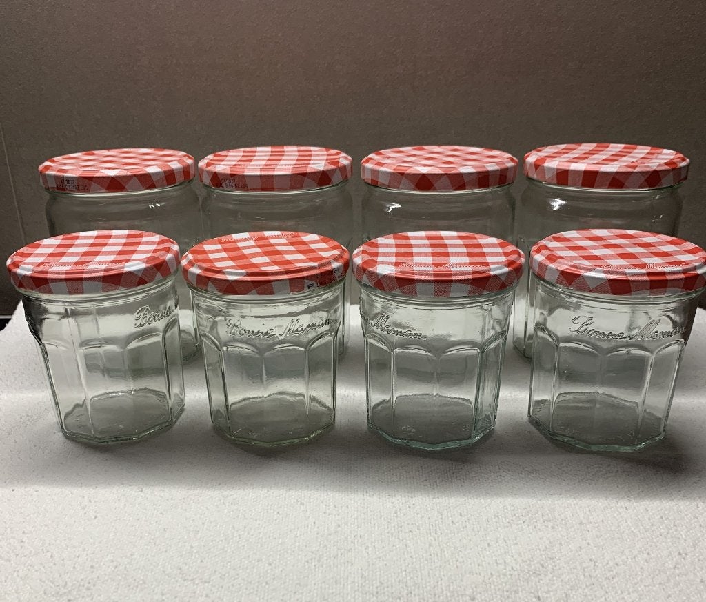 36 bonne maman jampotten, 31 × 370 gr. + 4 grote + 1 × 335, Ophalen, Gebruikt, Met deksel, Pot, Bus of Blik