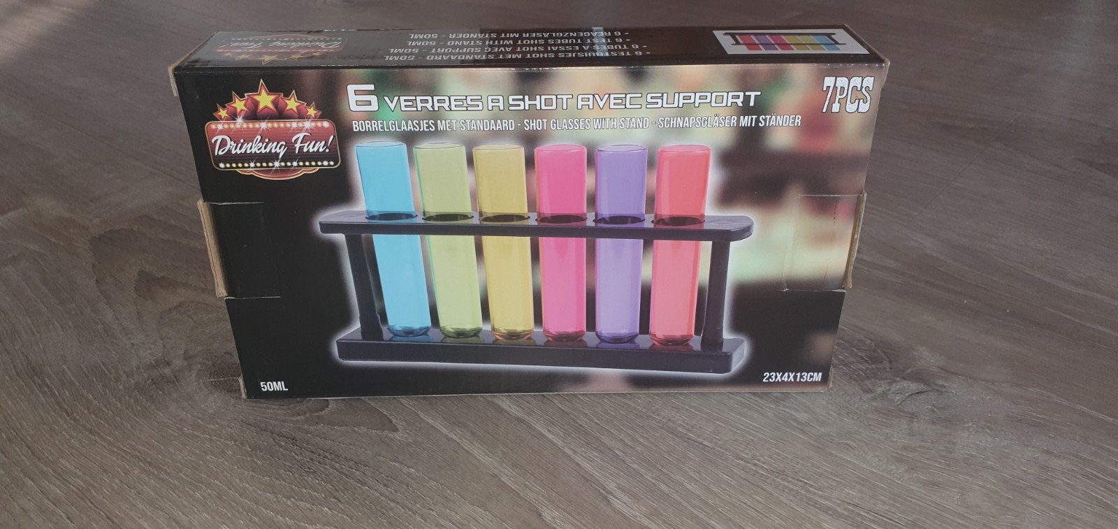 6 nieuwe fluoriserende borrel glaasjes in houder 50ml, Ophalen of Verzenden, Nieuw, Borrel- of Shotglas