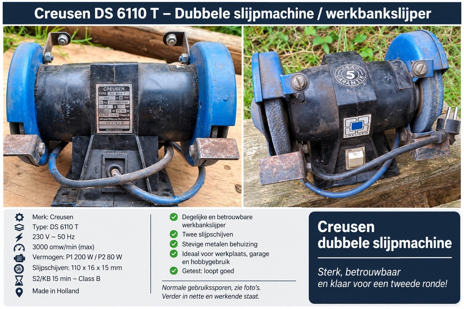 Creusen DS 6110 T - Dubbele slijpmachine / werkbankslijper, Ophalen, Gebruikt, Minder dan 700 watt, Werkbankslijpmachine