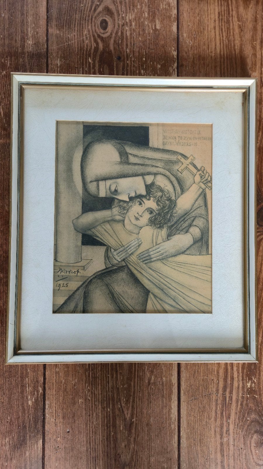 Jan Toorop - Vrouw met kind en kruis (1925), Antiek en Kunst, Kunst | Tekeningen en Foto's, Achter glas, Ingelijst, Origineel