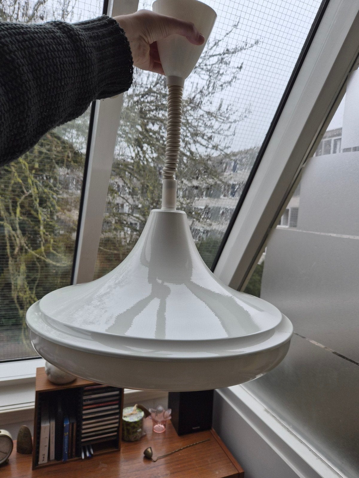 Vintage Treklamp Hanglamp met Ronde TL-fitting, Ophalen, Gebruikt, Metaal, Vintage, Retro, Industrieel