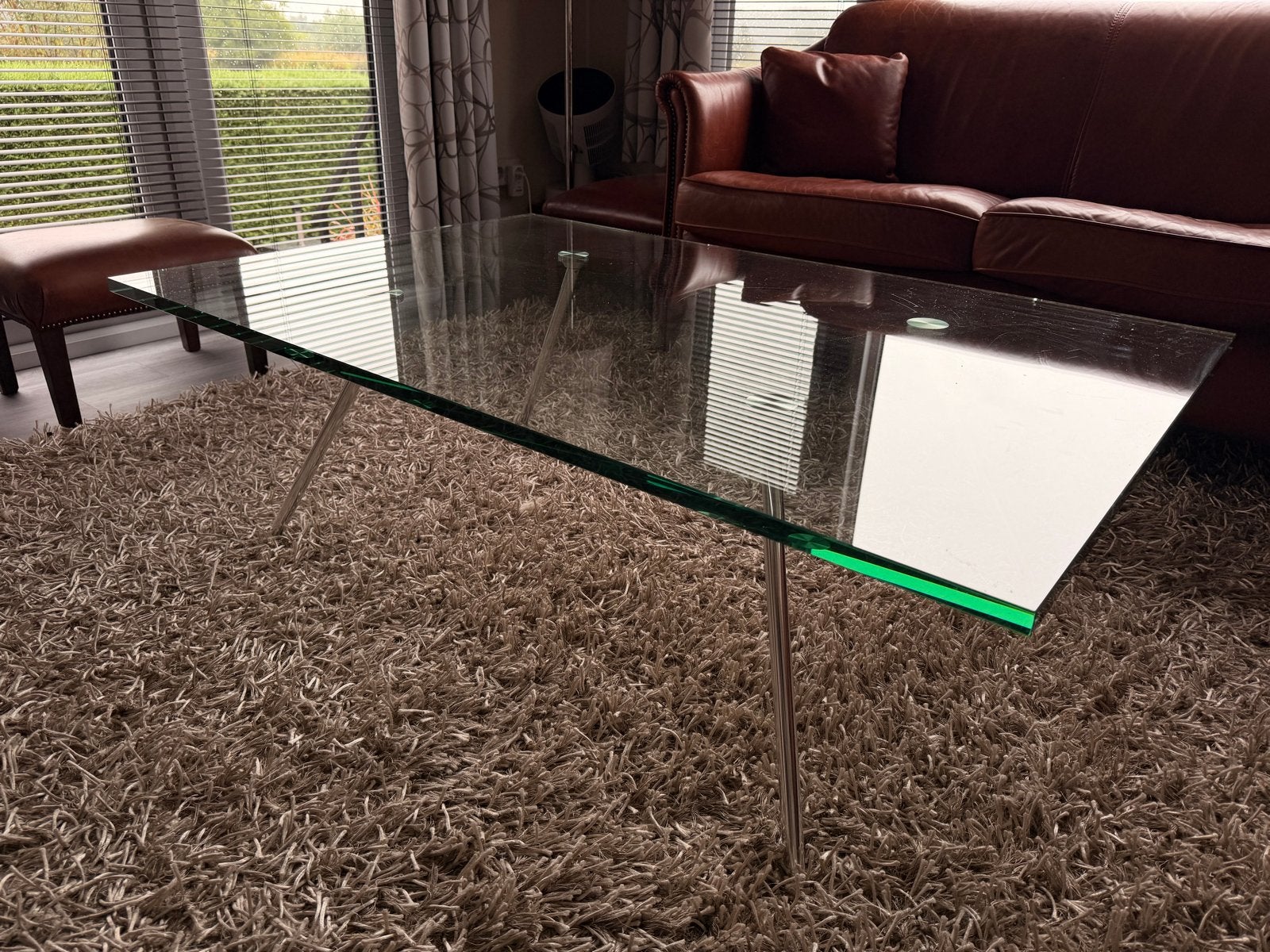 Maupertuus glazen salontafel, Henk Vos design, RVS poten, Ophalen, 100 tot 150 cm, 50 tot 100 cm, Modern