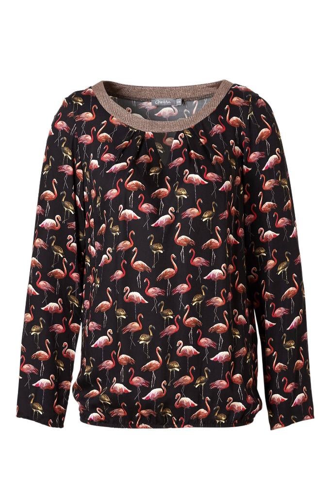 Geisha top/blouse, zwart/roze met flamingo print, mt 40/L, Maat 38/40 (M), Geisha, Zwart, Ophalen of Verzenden