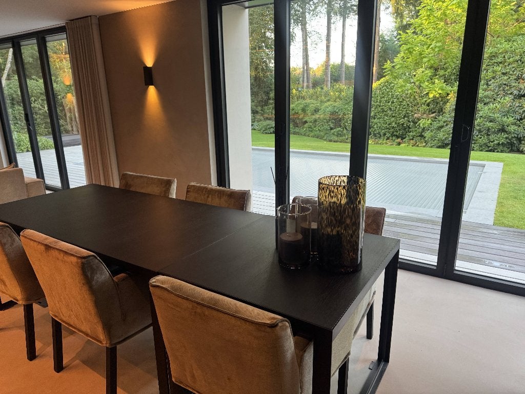 Design eettafel zwart eiken 180/260 x 90 - Grey7 maatwerk, Ophalen, 50 tot 100 cm, Zo goed als nieuw, 150 tot 200 cm